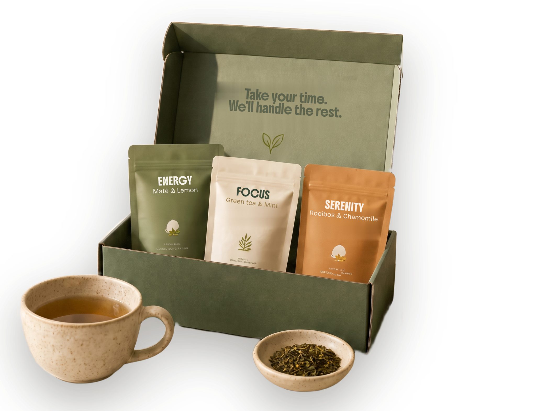 An open sage-green Remotetea box with three tea pouches — Energy, Focus and Serenity — beside a ceramic mug of tea and a bowl of loose leaves